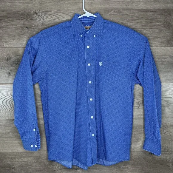 Ariat Button Down Blue Shirt Men's Medium Box Rose Pattern Long Sleeve Button Up - Picture 2 of 8